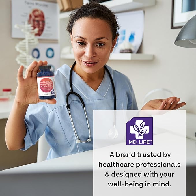 MD. Life Potassium Magnesium Zinc Calcium Supplement – Supports Bone Health & Muscle Health – Promotes Calcium Absorption and Immune Function – Magnesium Potassium Zinc Aspartate - 120 Capsules