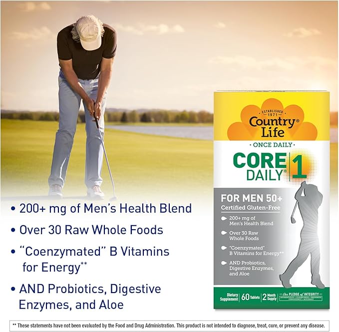 Country Life CORE Daily-1 Multivitamin for Men 50+ - Gluten-Free, Energy Support with Coenzymated B Vitamins, Probiotics, Whole Food and Digestive Enzymes, Certified Gluten Free, 60 Tablets