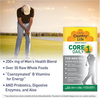 Country Life CORE Daily-1 Multivitamin for Men 50+ - Gluten-Free, Energy Support with Coenzymated B Vitamins, Probiotics, Whole Food and Digestive Enzymes, Certified Gluten Free, 60 Tablets
