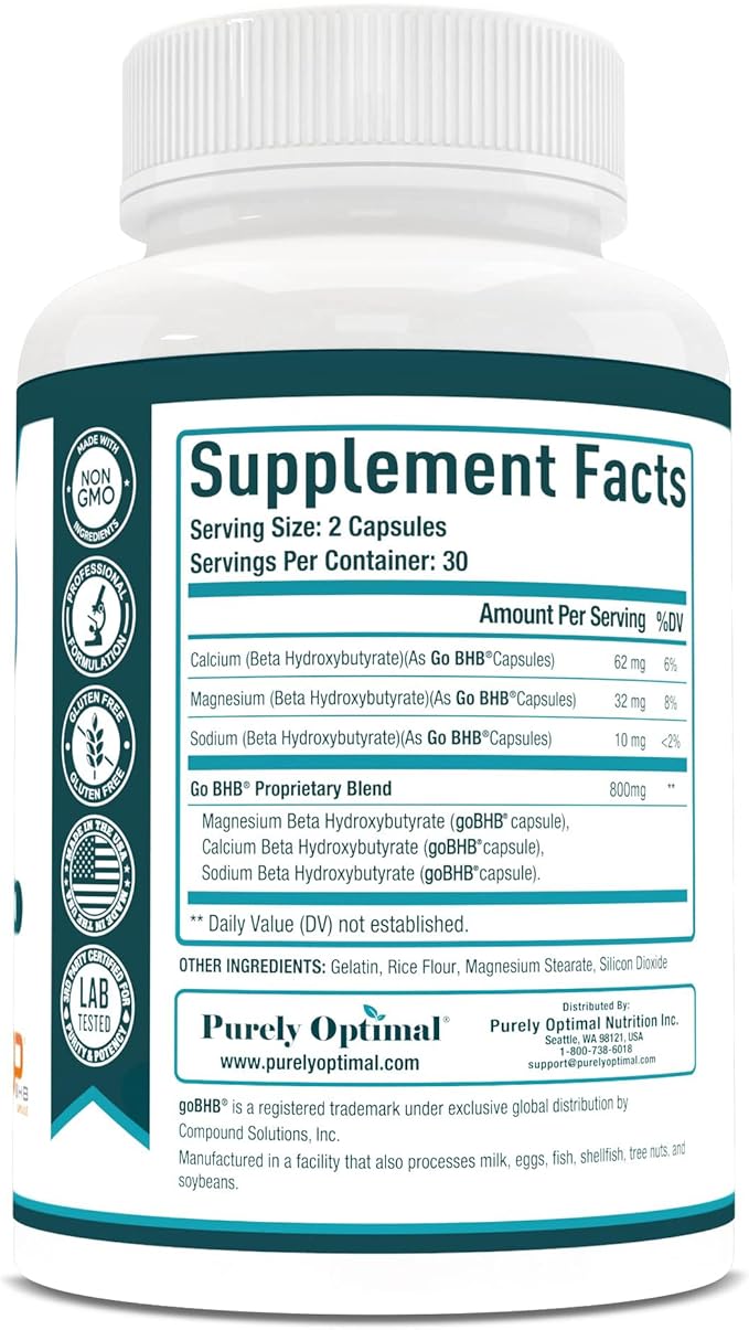 Purely Optimal Keto BHB Exogenous Ketones Supplement - Keto Diet Pills for Ketosis, Energy, Focus, Metabolism - for Women and Men (60 Capsules)