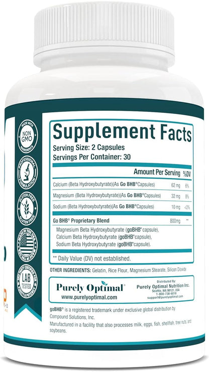 Purely Optimal Keto BHB Exogenous Ketones Supplement - Keto Diet Pills for Ketosis, Energy, Focus, Metabolism - for Women and Men (60 Capsules)
