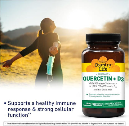 Country Life Quercetin 500mg Capsules with Vitamin D3 800 IU – Immune Support Supplement for Adults – Daily Immune Boosters – Quercetin Immune System Boost, 90 Capsules
