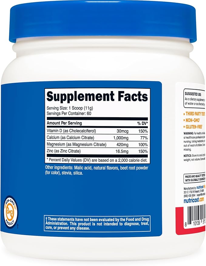 Nutricost Calcium Magnesium Zinc with Vitamin D3 Powder, 60 Servings (Fruit Punch) - Calcium (1000 MG) Magnesium (420 MG) Zinc (16.5 MG) Vitamin D3 (30 MCG) - Gluten Free, Non-GMO