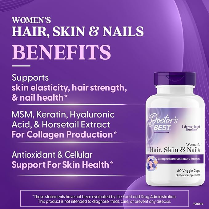 Doctor's Best Womens Hair, Skin & Nails with OptiMSM + KeraGLO, Comprehensive Beauty Support, Non-GMO, Gluten Free 60 Veggie Caps