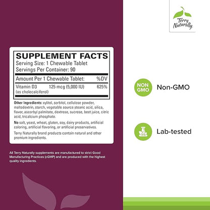 Terry Naturally Vitamin D3 - Bone Health & Bone Strength Supplement - Dietary Supplement for Immune System & Brain Support - 5,000 IU Vitamin D Tablets with Mixed Berry Flavor - 90 Chewable Tablets