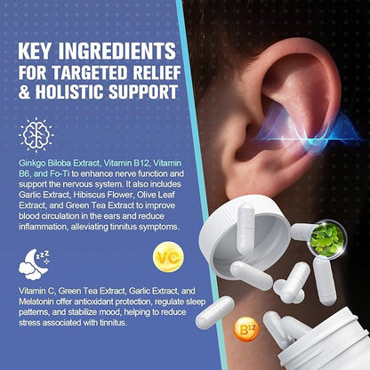 Tinnitus Relief for Ringing Ears, Tinnitus Relief Supplement with Ginkgo Biloba & Vitamin B12 | Natural Tinnitus Treatment for Reduce Ear Noise, Improve Hearing & Emotional Support - 120 Capsules