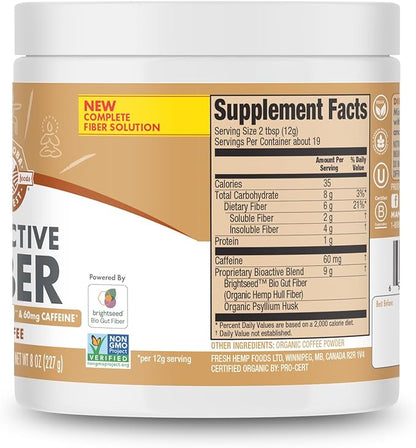 Manitoba Harvest Organic BioActive Fiber Supplement with 6g Fiber per Serving, Digestive Hemp & Psyllium Husk Powder, Non-GMO, Vegan and Kosher, 8oz, Coffee