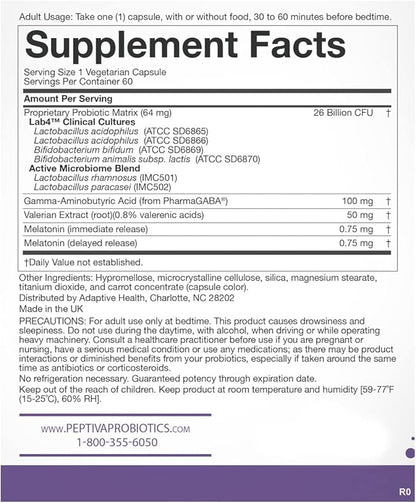 Peptiva 26 Billion CFU Probiotic and Sleep Support - Clinically Validated Multi-Strain Probiotic - Lactobacillus and Bifidobacterium, Melatonin - 60 Count
