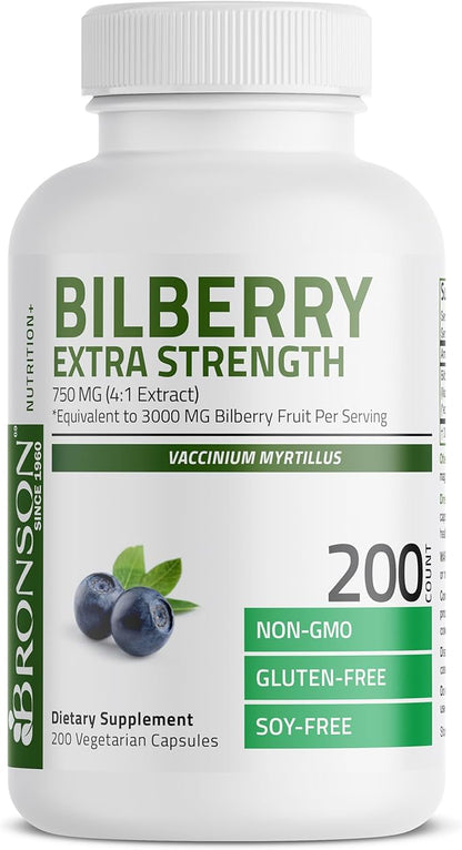Bronson Bilberry Extra Strength Vaccinium Myrtillus, Promotes Eye Health and Supports Healthy Vision - Non GMO, 200 Vegetarian Capsules