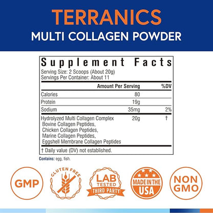 Terranics Multi Collagen Peptides Powder, Type I II III V X Collagen for Women & Men, Collagen Supplements for Skin, Nail, Hair, Easy to Dissolve, Unflavored, No Sugar, Keto, 8oz