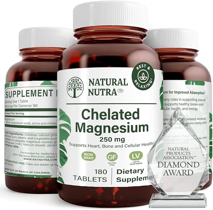 Natural Nutra Chelated Magnesium Oxide 250 mg - High Absorption for Strong Bones, Heart Health, Dental Health, Energy Boost, Gluten-Free, Non-GMO, 180 Tablets in BPA-Free Recyclable Glass Bottles