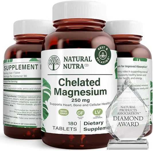 Natural Nutra Chelated Magnesium Oxide 250 mg - High Absorption for Strong Bones, Heart Health, Dental Health, Energy Boost, Gluten-Free, Non-GMO, 180 Tablets in BPA-Free Recyclable Glass Bottles
