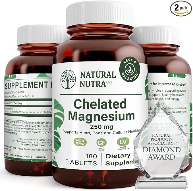 Natural Nutra Chelated Magnesium Oxide 250 mg - High Absorption for Strong Bones, Heart Health, Energy Boost, Gluten-Free, Non-GMO, 180 Tablets (2 Pack) in BPA-Free Recyclable Glass Bottles