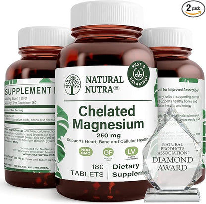 Natural Nutra Chelated Magnesium Oxide 250 mg - High Absorption for Strong Bones, Heart Health, Energy Boost, Gluten-Free, Non-GMO, 180 Tablets (2 Pack) in BPA-Free Recyclable Glass Bottles