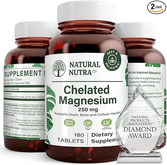 Natural Nutra Chelated Magnesium Oxide 250 mg - High Absorption for Strong Bones, Heart Health, Energy Boost, Gluten-Free, Non-GMO, 180 Tablets (2 Pack) in BPA-Free Recyclable Glass Bottles