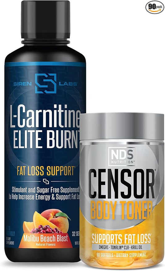 Censor NDS Nutrition Fat Loss-Body Toner with CLA (90 Softgels) & Siren Labs L-Carnitine Elite Burn Fat Loss Support Malibu Beach Blast 3000 mg (32 Servings)