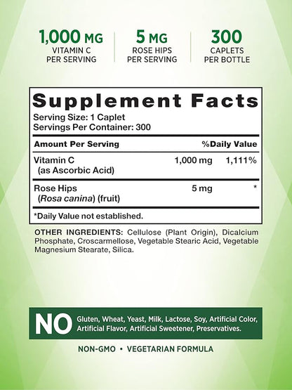 Nature's Truth Vitamin C 1000mg with Rose HIPS Caplets | 300 Count | Vegetarian, Non-GMO & Gluten Free Supplement