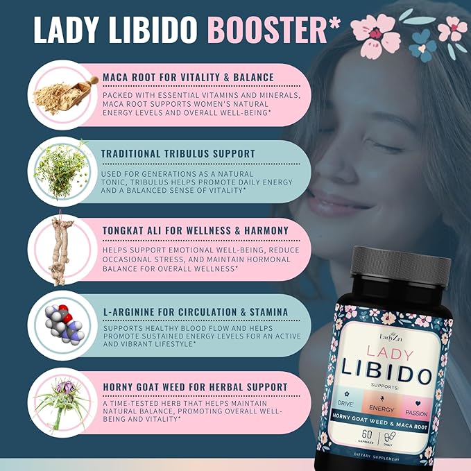 Lady Libido Supplement for Women Support Mood, Drive & Energy, with Hornygoatweed & Maca Root | Female Libido Booster for Women | Hormone Balance Pills to Relieve Stress & Reduce Dryness - 60 Capsules