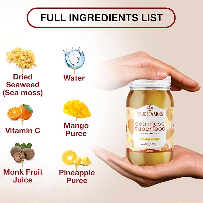 TrueSeaMoss Sea Moss Gel – Made in USA – Wildcrafted Seamoss, Fresh Fruits & Sea Vegetables – Mango/Pineapple, Pack of 1 (Labels may Vary)
