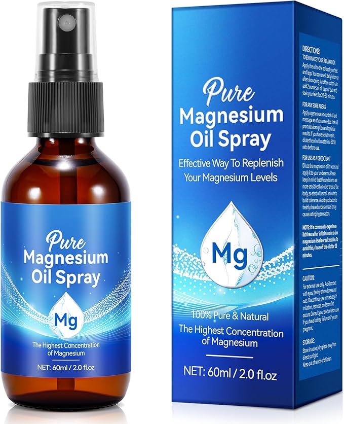 Pure Magnesium Oil Spray, Organic Topical Magnesium Spray Glass Bottle, Easy to Absortion, Easy to Use, 2 fl oz