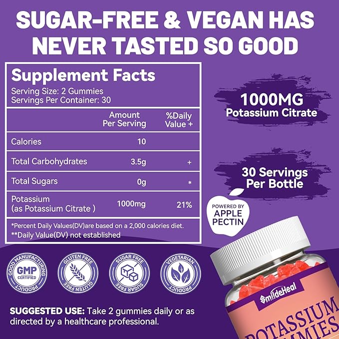 2 Pack Potassium Supplement Gummies 1000mg, Potassium Gummies for Adults, Support Leg Cramps & Muscle Health - Vegan, Non-GMO,120 Count