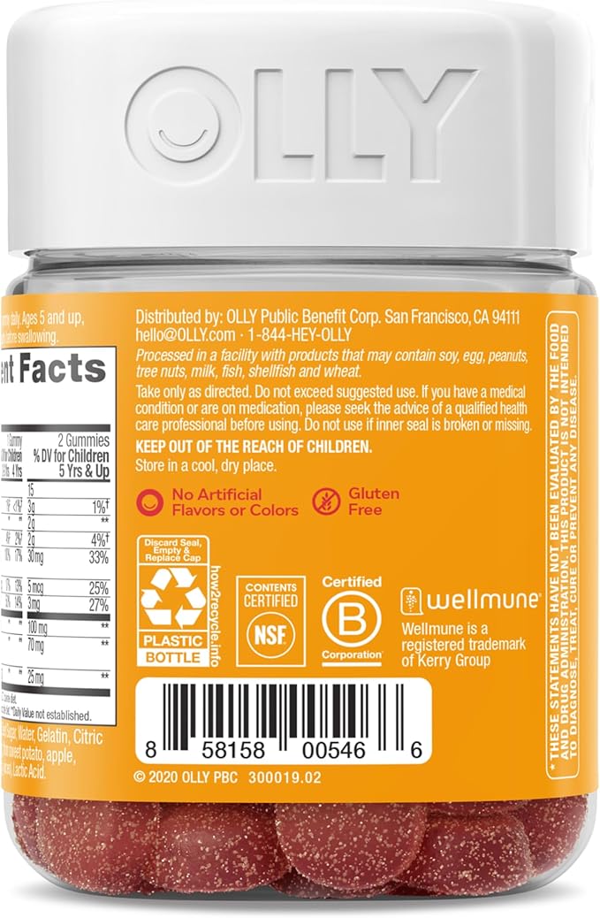 OLLY Kids Immunity Gummy, Immune Support, Wellmune, Elderberry, Vitamin C, Zinc, Chewable Supplement, Cherry - 50 Count