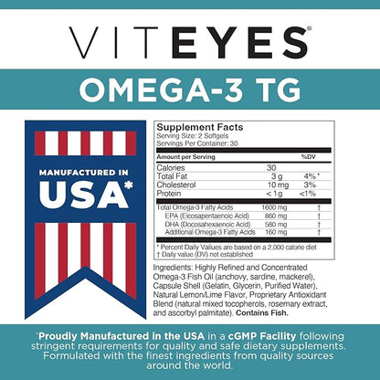 Viteyes Omega-3 TG Supports Eye & Heart Health, Natural Triglyceride Fish Oil Formula, Clear, 60 Count