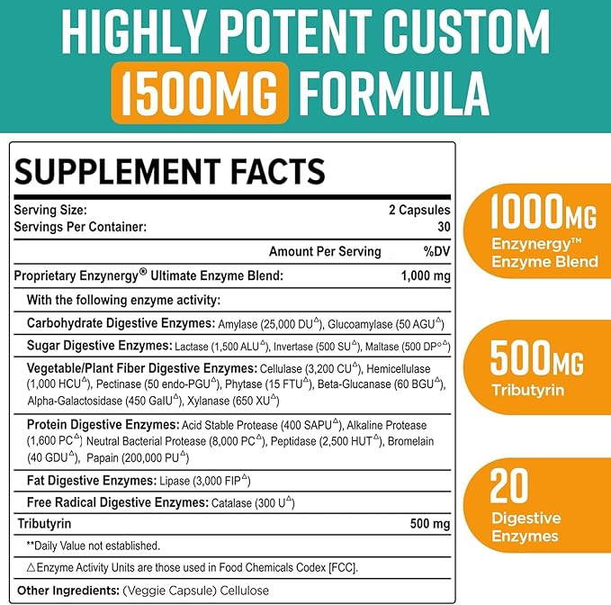 Digestive Enzymes 1000mg with Postbiotics, 20 Enzyme Blend for Bloating, Optimal Digestion and Gut Function, 120 Veggie Capsules