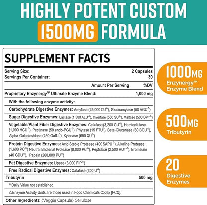 Digestive Enzymes 1000mg with Postbiotics, 20 Enzyme Blend for Bloating, Optimal Digestion and Gut Function, 120 Veggie Capsules