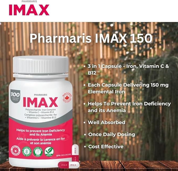IMAX 150 mg Iron Supplement, 250 mg VIT C, 1000 mcg VIT B12, 30 Capsules, Treatment for Iron Deficiency Anemia, Once Daily Dosing
