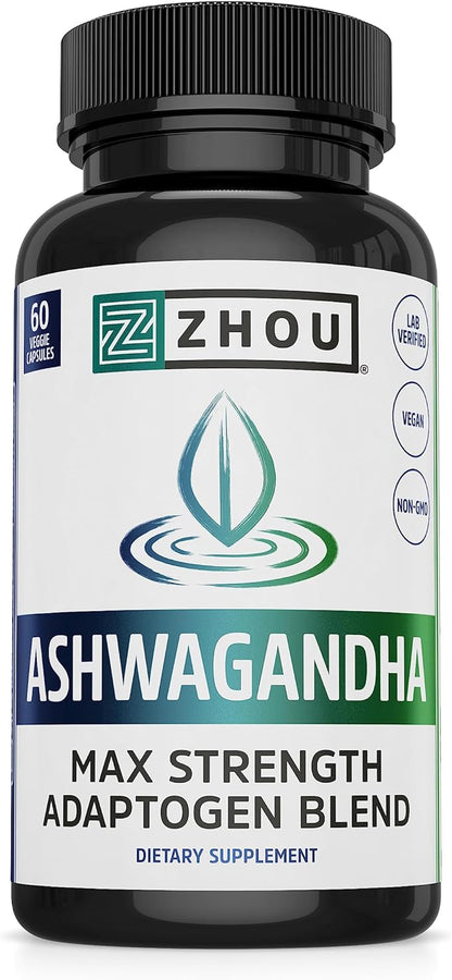 Zhou Nutrition Ashwagandha Capsules, Blend of Rhodiola, Holy Basil, Cordyceps, Reishi & Ashwagandha Supplement, 30 Servings, 60 Capsules
