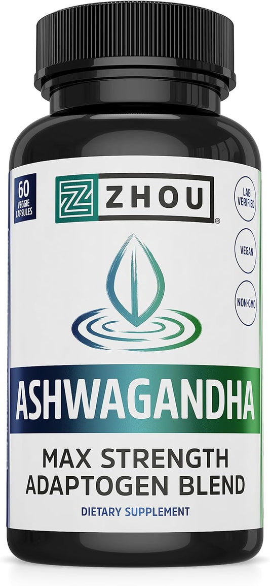 Zhou Nutrition Ashwagandha Capsules, Blend of Rhodiola, Holy Basil, Cordyceps, Reishi & Ashwagandha Supplement, 30 Servings, 60 Capsules