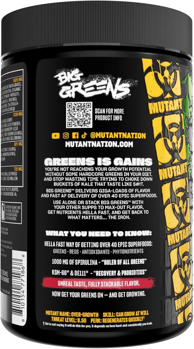 Mutant Big Greens | Green Supplement | Over 40 superfoods Land & Sea Greens – Reds, Antioxidants, phytonutrients, 1000mg spirulina – Pre & Probiotic Blend | 30 Serving – Berry Good