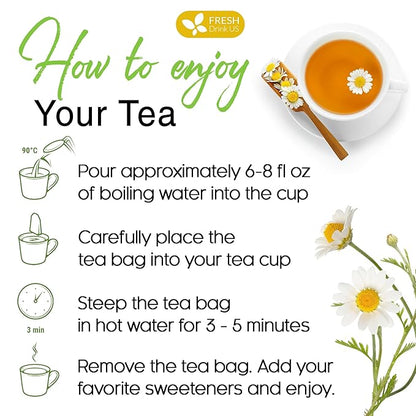 FRESHDRINKUS, Premium 16 Chamomile Tea Bags, 100% Natural and Pure Chamomile Flowers, Eco-conscious Tea Bags. Chamomile Flower Herbal Tea. No Sugar, No Caffeine, No Gluten, Vegan.