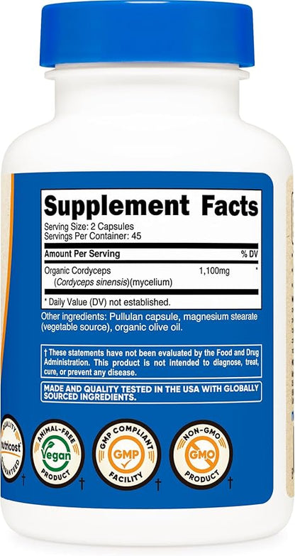 Nutricost Cordyceps Mushroom Capsules 1100mg, 45 Serv - CCOF Certified Made with Organic, Vegetarian, Gluten Free, 550mg Per Capsule (90 Capsules)
