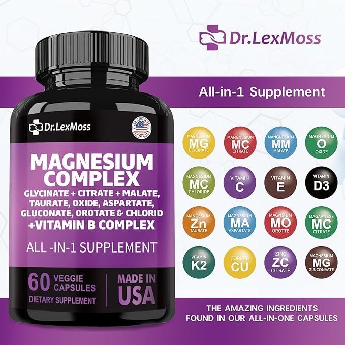 Magnesium Complex 2285mg with Magnesium Glycinate Citrate Malate Oxide Taurate Aspartate Gluconate Orotate & Mag Chloride, Zinc Copper Manganese & Vitamin C B1 B2 B6 B12 Complex - 60 Count USA