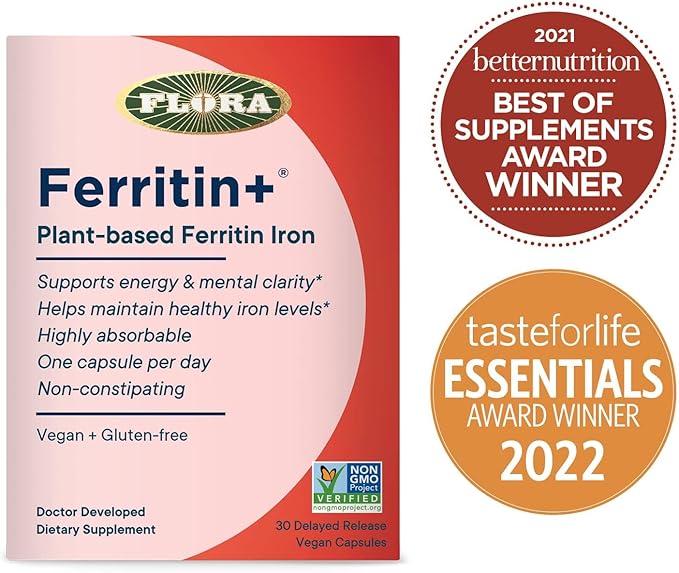 Flora Ferritin+ Delayed-Release Iron Supplement - Plant-Based Iron Supplement - Blood Cell & Energy Support - Vegan & Gluten-Free - Blister Pack - 30 Vegan Capsules