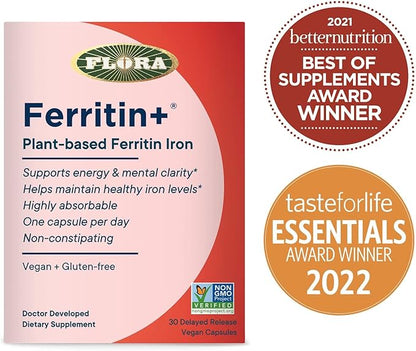 Flora Ferritin+ Delayed-Release Iron Supplement - Plant-Based Iron Supplement - Blood Cell & Energy Support - Vegan & Gluten-Free - Blister Pack - 30 Vegan Capsules