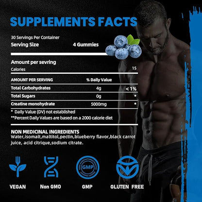 Creatine Monohydrate Gummies 5000mg for Men & Women, Gomitas de Creatina 5g Creatine Monohydrate,0g Sugar Chewables Creatine Pre-Workout for Muscle Strength, Vegan (Strawberry and Blueberry)
