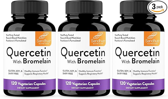 Sandhu's Quercetin with Bromelain Supplement - 1000mg Per Serving 120 Vegetarian Capsules (Pack of 3) - Bioflavonoids Quercitin Complex for Immune Support & Respiratory Health