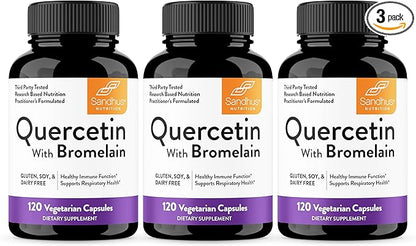 Sandhu's Quercetin with Bromelain Supplement - 1000mg Per Serving 120 Vegetarian Capsules (Pack of 3) - Bioflavonoids Quercitin Complex for Immune Support & Respiratory Health