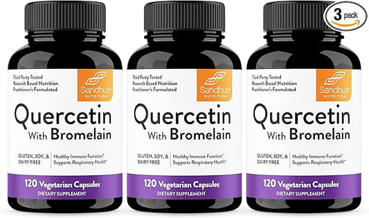 Sandhu's Quercetin with Bromelain Supplement - 1000mg Per Serving 120 Vegetarian Capsules (Pack of 3) - Bioflavonoids Quercitin Complex for Immune Support & Respiratory Health