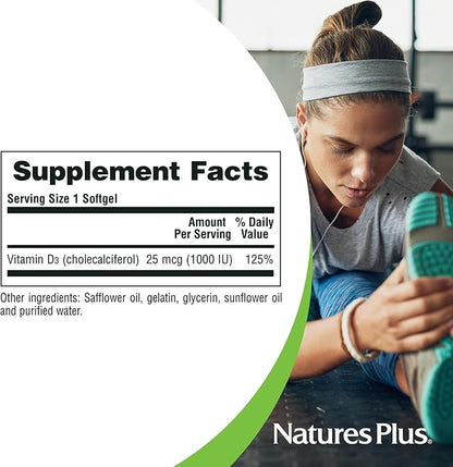 Natures Plus Vitamin D3 (Cholecalciferol) - 1000 iu, 180 Softgels - Nutritional Support for Healthy Bones & Immune System Support - Bioavailable Active Form - Gluten-Free - 180 Servings