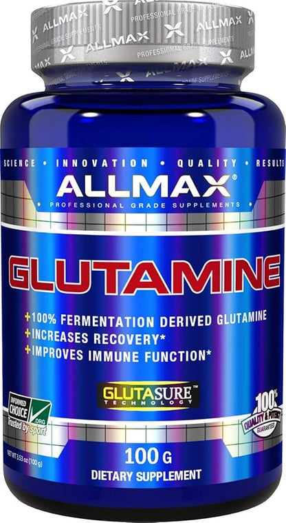 ALLMAX Essentials GLUTAMINE - 100 g Powder - Fermentation-Derived Glutamine - Increases Recovery & Supports Immune System - Gluten Free & Vegan - 20 Servings