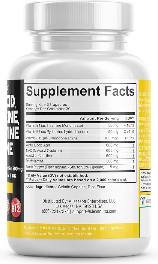 Alpha Lipoic Acid 600mg N-Acetyl Cysteine 600mg Acetyl L-Carnitine 500mg Benfotiamine 300mg - Nerve Support Supplement for Women and Men with Vitamin B1, B6 & B12 - Made in USA 90 Caps