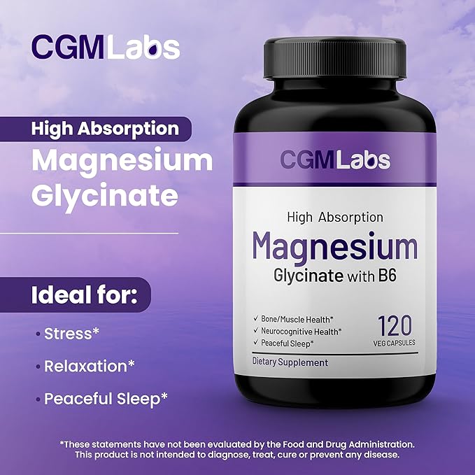 Magnesium Glycinate & Vitamin B6 Supplement High Absorption, Non-GMO, Supports Energy, Calm, Relaxation, and Muscle Health – 3rd Party Lab Tested, Gluten-Free by CGM Labs