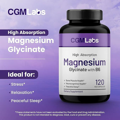 Magnesium Glycinate & Vitamin B6 Supplement High Absorption, Non-GMO, Supports Energy, Calm, Relaxation, and Muscle Health – 3rd Party Lab Tested, Gluten-Free by CGM Labs