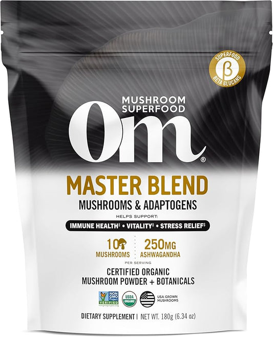 Om Mushroom Master Blend, Organic 10 Mushroom Complex & Adaptogens Powder, Reishi & Lions Mane - 6.2 oz