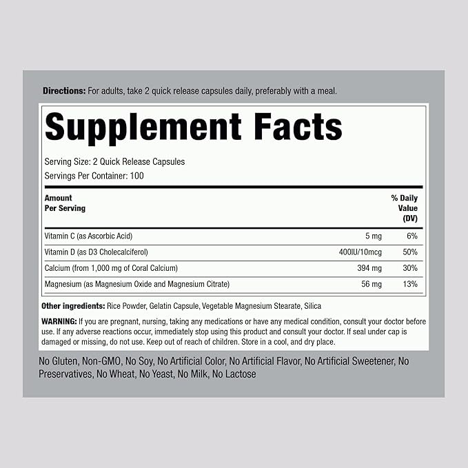 Piping Rock Coral Calcium 1000 mg | 200 Capsules | Bone Formula Complex with Vitamin D, C, and Magnesium | Non-GMO, Gluten Free Supplement