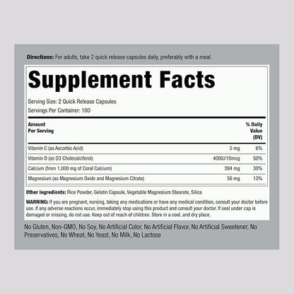 Piping Rock Coral Calcium 1000 mg | 200 Capsules | Bone Formula Complex with Vitamin D, C, and Magnesium | Non-GMO, Gluten Free Supplement
